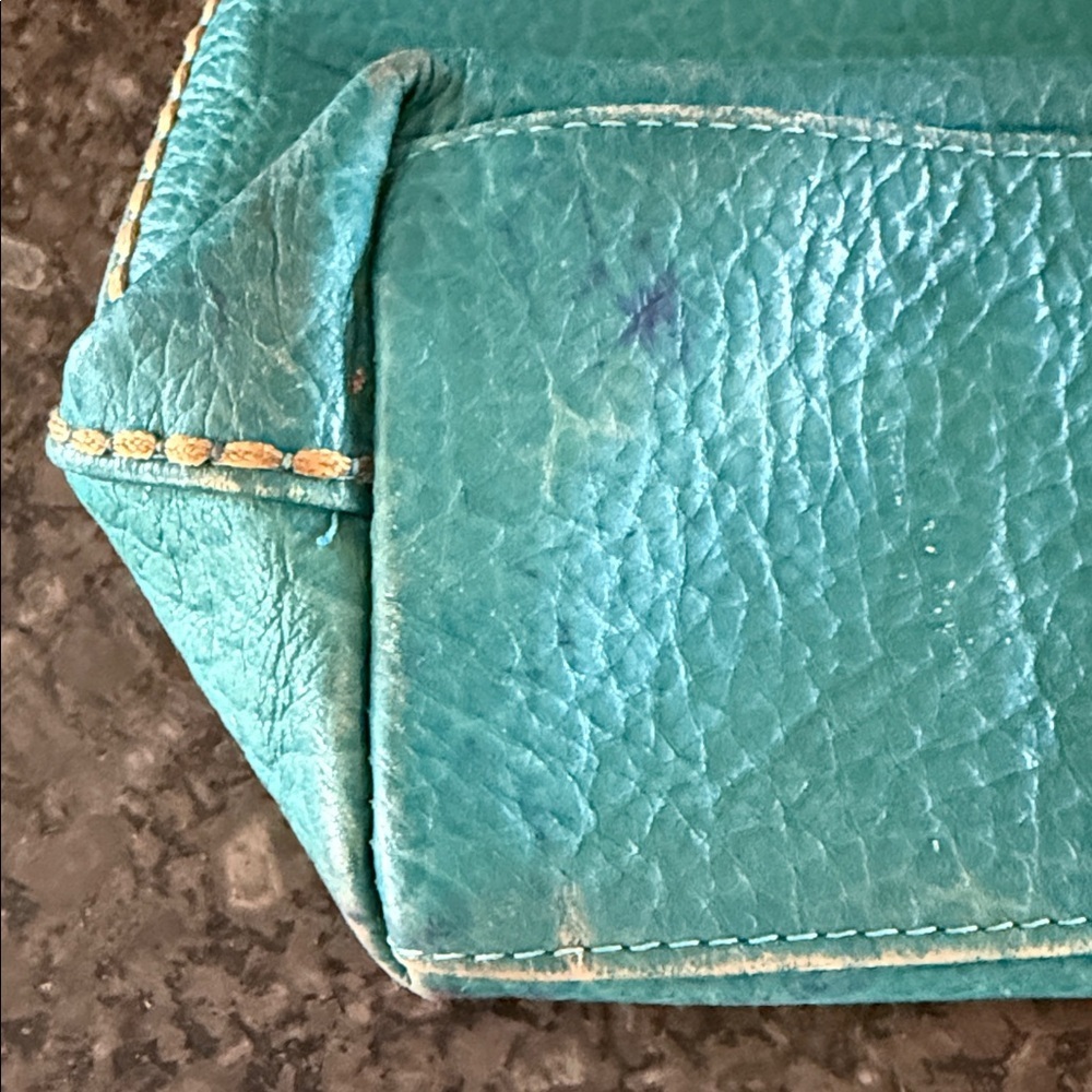 Plinio Visona Made In Italy Teal Pebbled Leather Tote With Bamboo Handles - Picture 6 of 8